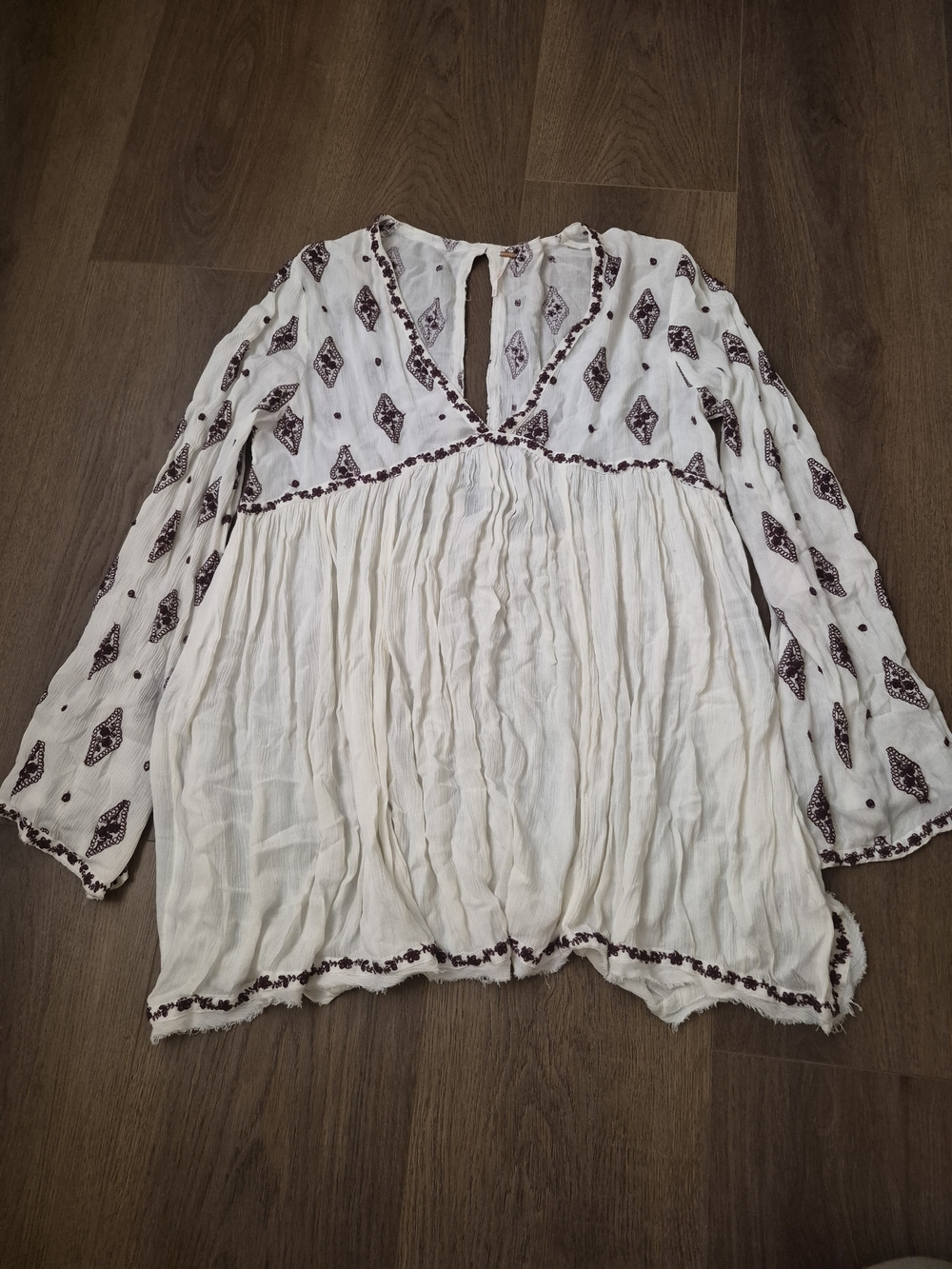 Free People Boho Embroidered V-Neck Peasant Top in Ivory with Brown Accents